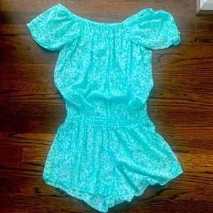 Beachgold blue cheetah print romper, off the shoulder